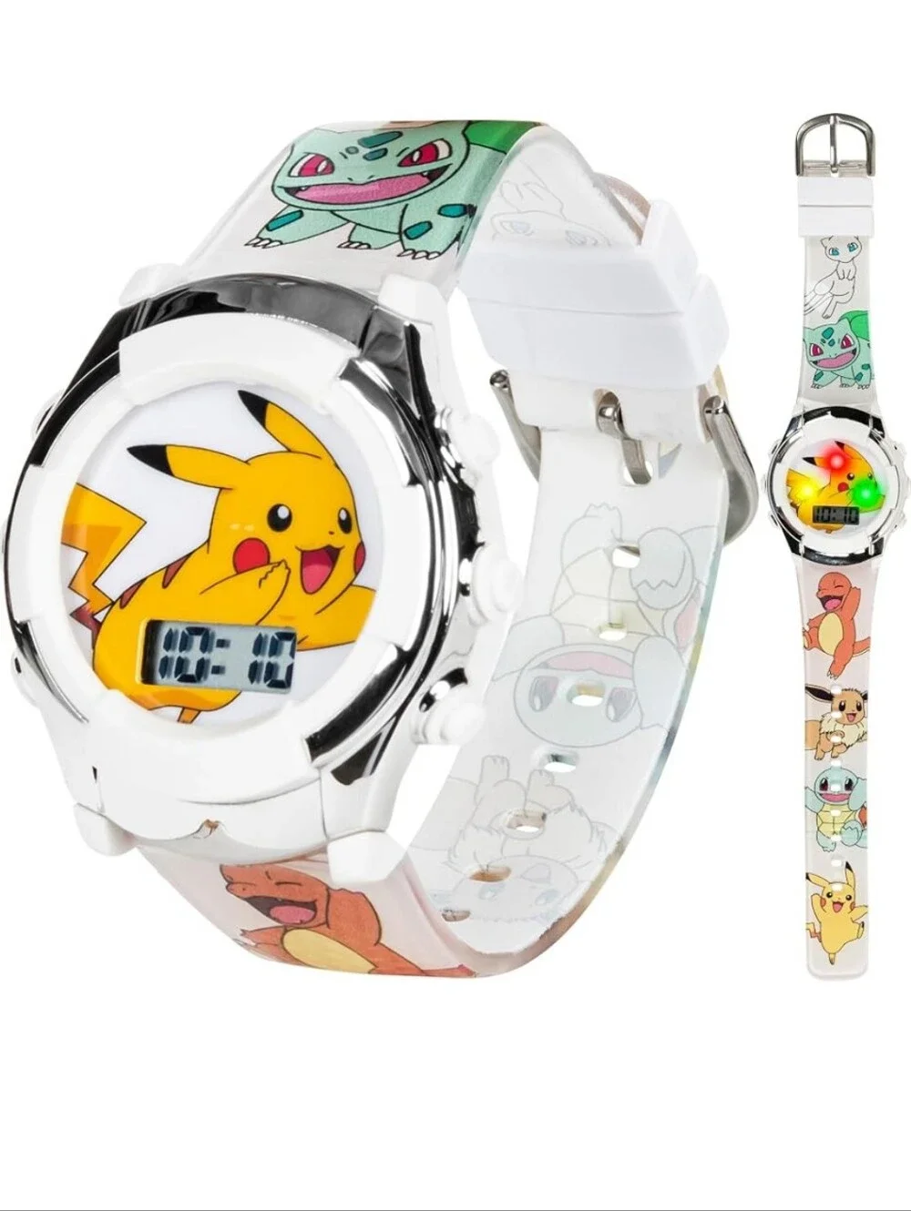Kids Flashing LCD Watch - White with Pikachu, Bulbasaur & Charmander